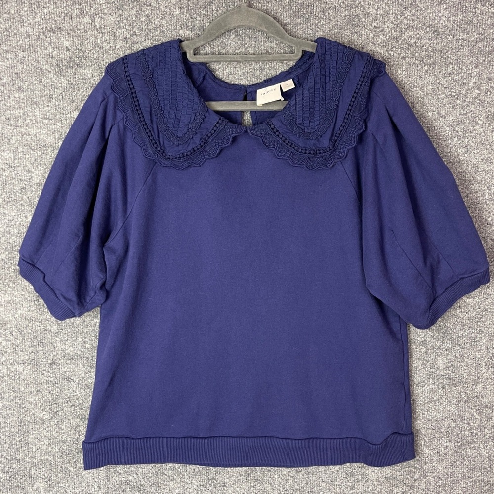 Maeve Anthropologie Top Womens Medium Blue Peter Pan Collar Lace Trim - Picture 1 of 8